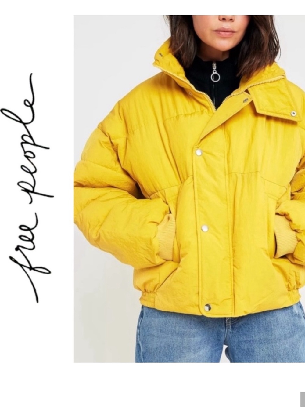 Free People Kids Yellow Puffer Jacket with High Collar